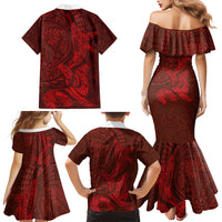 Hawaiian Monk Seal and Whale Family Matching Mermaid Dress and Hawaiian Shirt Kakau Tribal Pattern Red Color
