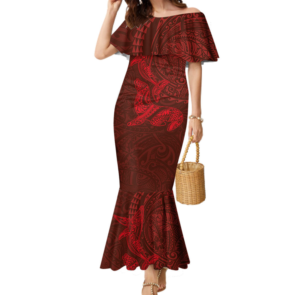 Hawaiian Monk Seal and Whale Family Matching Mermaid Dress and Hawaiian Shirt Kakau Tribal Pattern Red Color