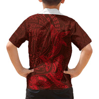 Hawaiian Monk Seal and Whale Family Matching Off Shoulder Short Dress and Hawaiian Shirt Kakau Tribal Pattern Red Color