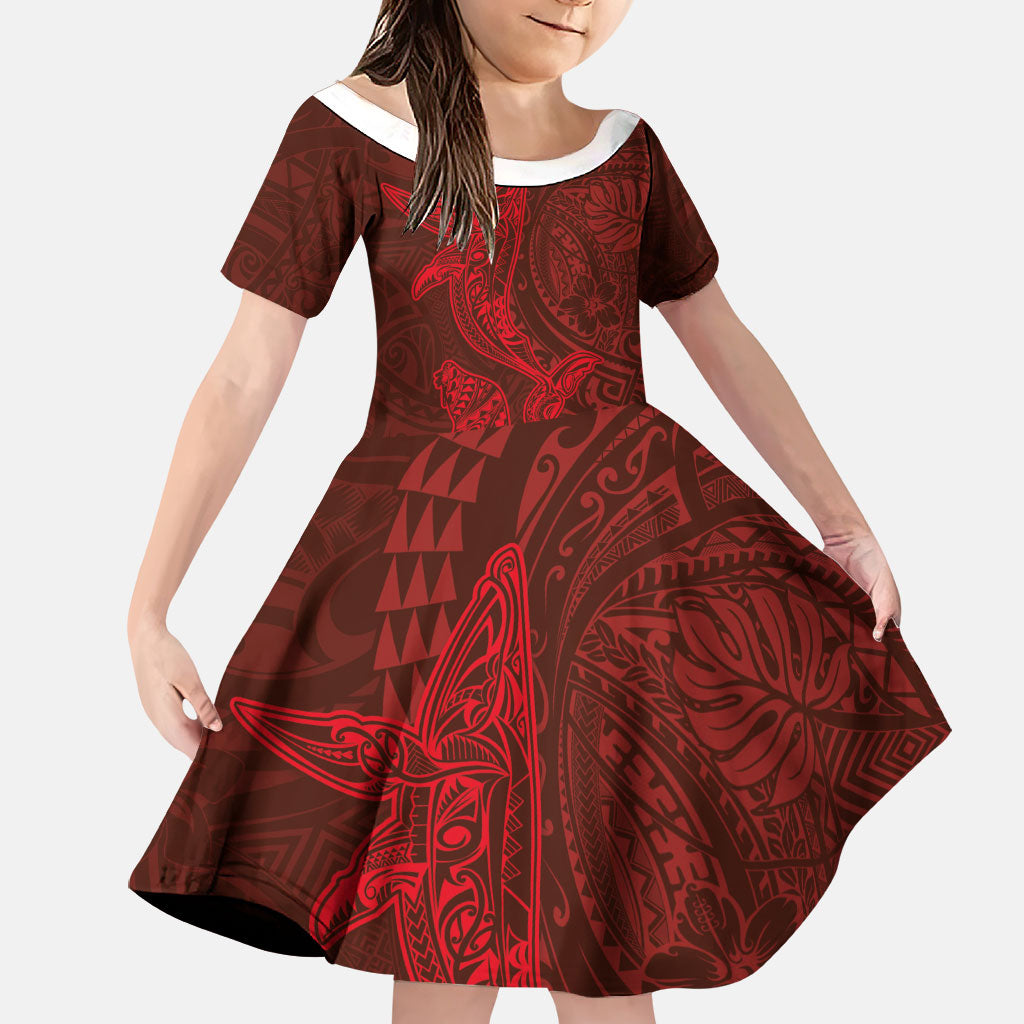 Hawaiian Monk Seal and Whale Family Matching Off Shoulder Short Dress and Hawaiian Shirt Kakau Tribal Pattern Red Color