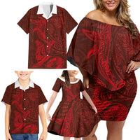 Hawaiian Monk Seal and Whale Family Matching Off Shoulder Short Dress and Hawaiian Shirt Kakau Tribal Pattern Red Color