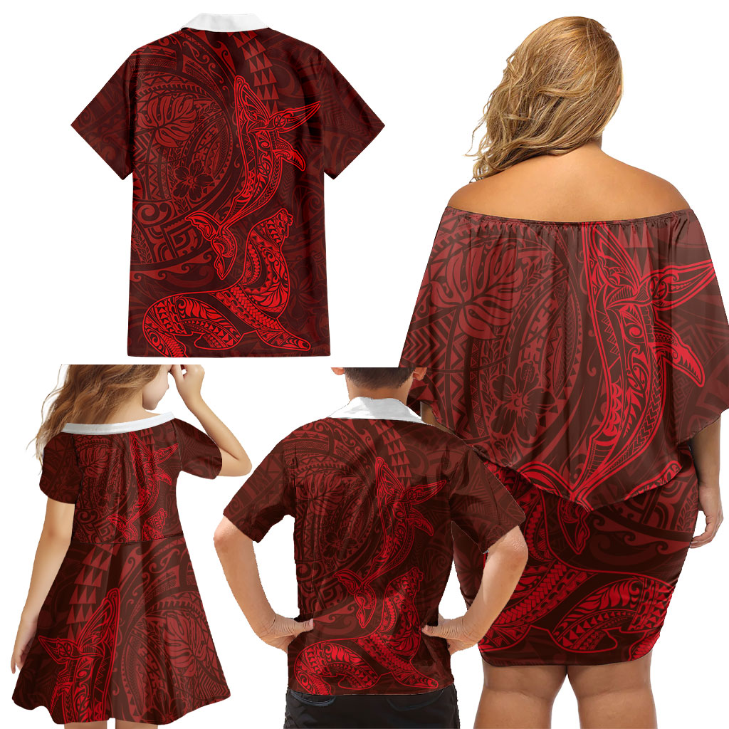 Hawaiian Monk Seal and Whale Family Matching Off Shoulder Short Dress and Hawaiian Shirt Kakau Tribal Pattern Red Color