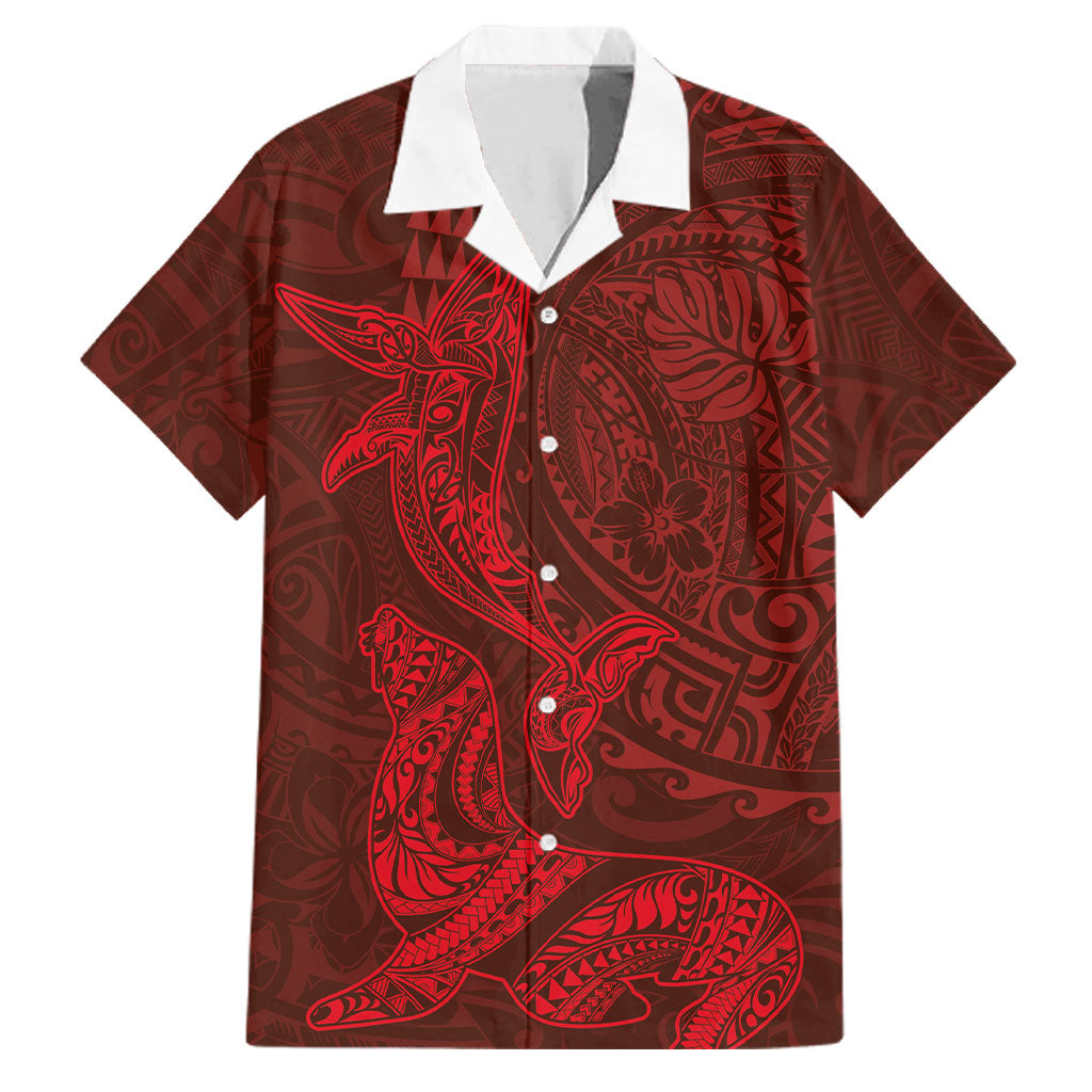 Hawaiian Monk Seal and Whale Family Matching Off Shoulder Short Dress and Hawaiian Shirt Kakau Tribal Pattern Red Color