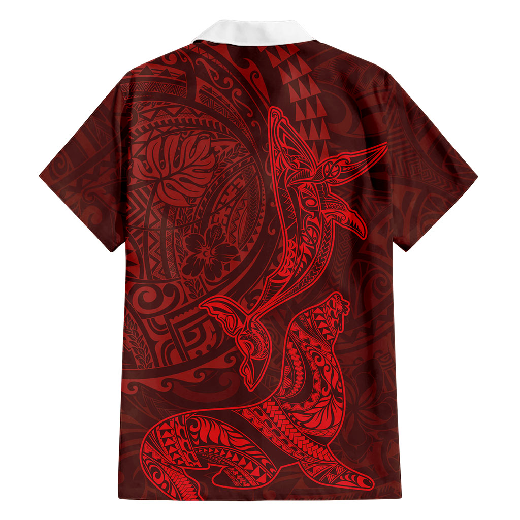 Hawaiian Monk Seal and Whale Family Matching Off Shoulder Short Dress and Hawaiian Shirt Kakau Tribal Pattern Red Color