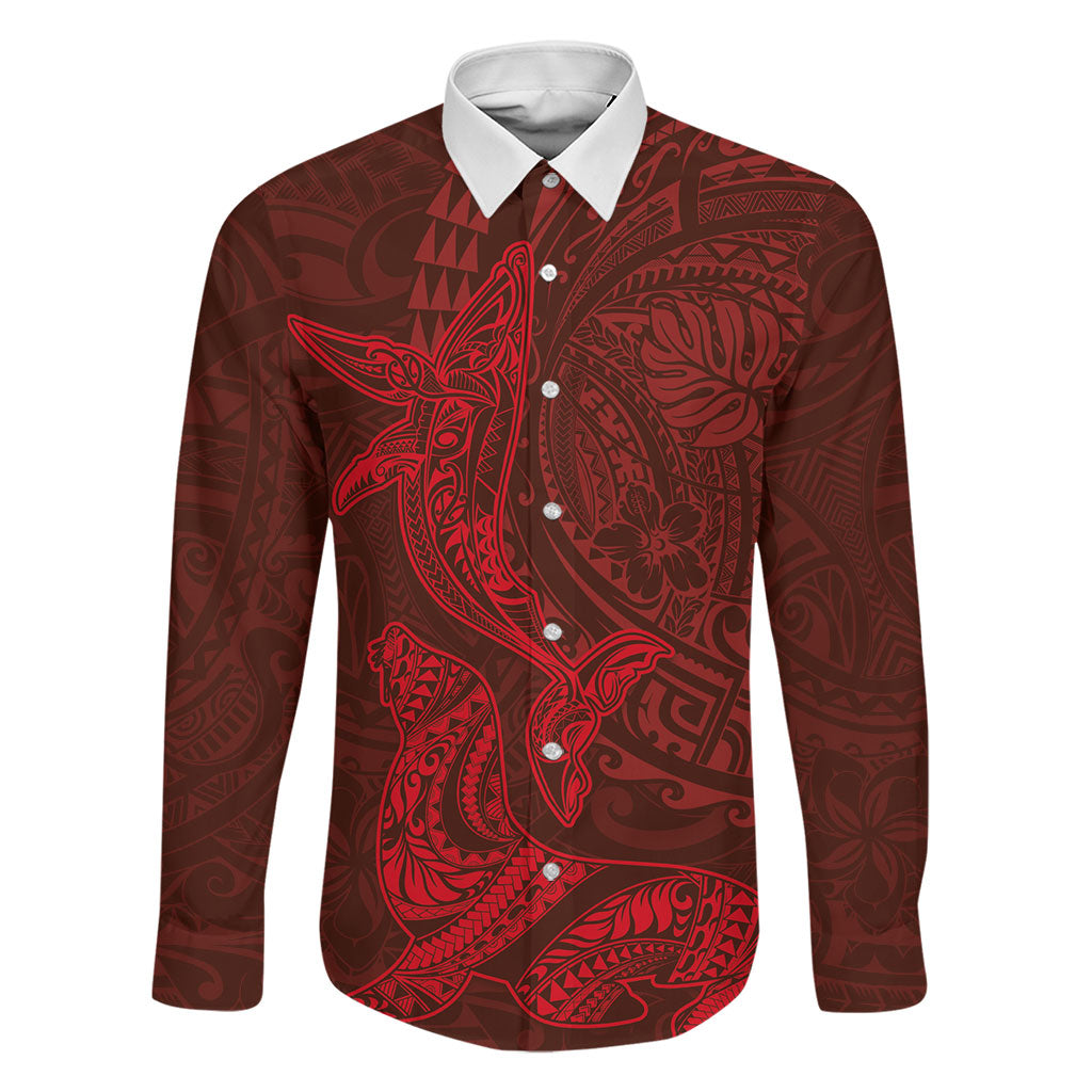 Hawaiian Monk Seal and Whale Family Matching Off Shoulder Short Dress and Hawaiian Shirt Kakau Tribal Pattern Red Color