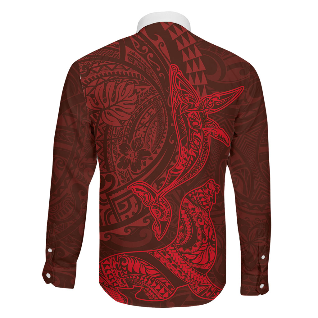 Hawaiian Monk Seal and Whale Family Matching Off Shoulder Short Dress and Hawaiian Shirt Kakau Tribal Pattern Red Color