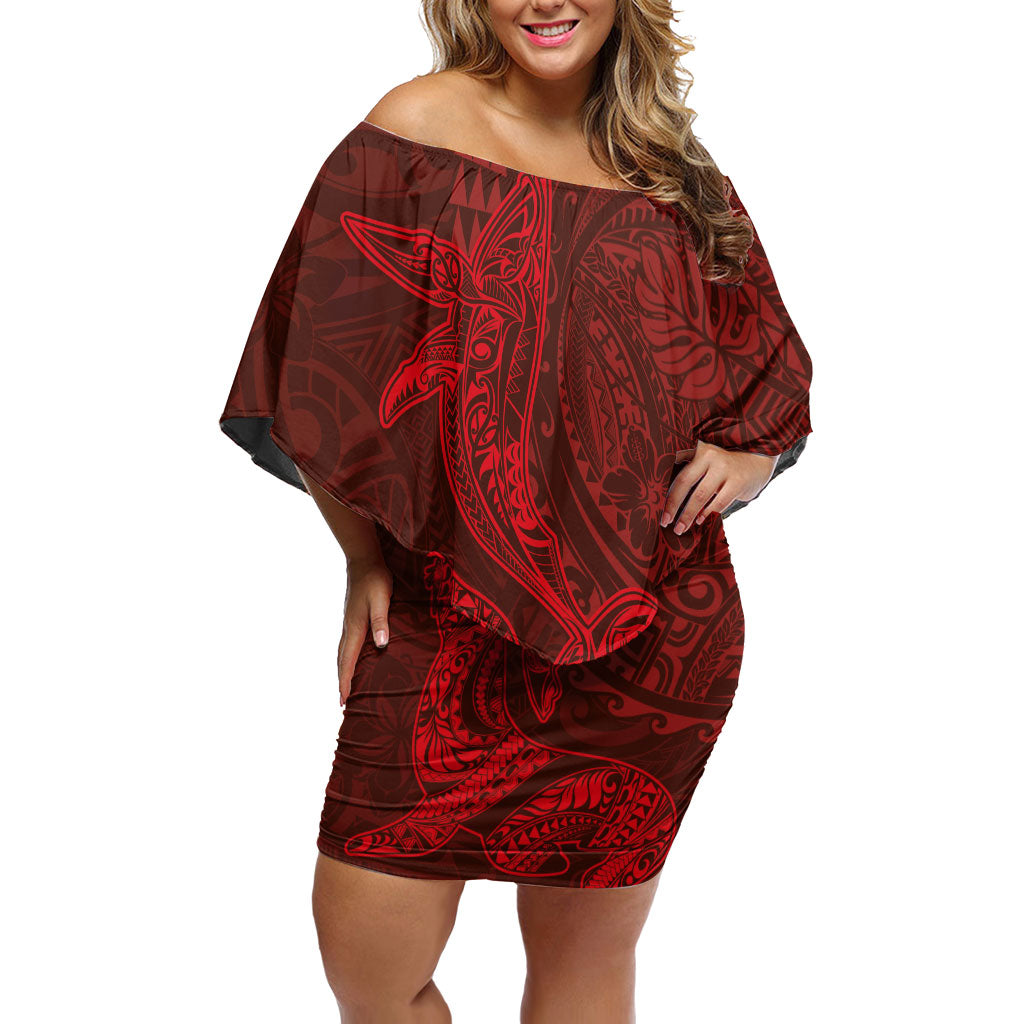 Hawaiian Monk Seal and Whale Family Matching Off Shoulder Short Dress and Hawaiian Shirt Kakau Tribal Pattern Red Color