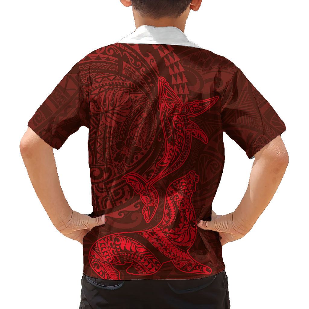 Hawaiian Monk Seal and Whale Family Matching Puletasi and Hawaiian Shirt Kakau Tribal Pattern Red Color