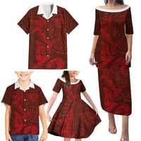 Hawaiian Monk Seal and Whale Family Matching Puletasi and Hawaiian Shirt Kakau Tribal Pattern Red Color