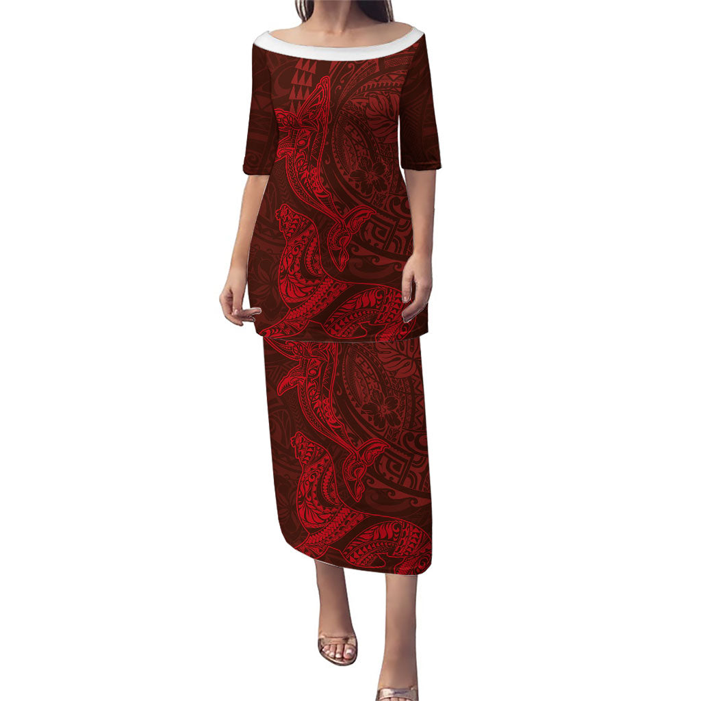 Hawaiian Monk Seal and Whale Family Matching Puletasi and Hawaiian Shirt Kakau Tribal Pattern Red Color