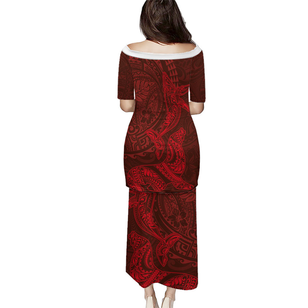 Hawaiian Monk Seal and Whale Family Matching Puletasi and Hawaiian Shirt Kakau Tribal Pattern Red Color