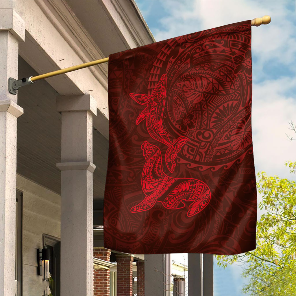 Hawaiian Monk Seal and Whale Garden Flag Kakau Tribal Pattern Red Color