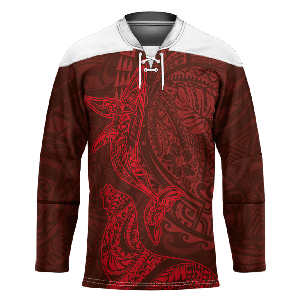 Hawaiian Monk Seal and Whale Hockey Jersey Kakau Tribal Pattern Red Color LT03 Unisex Red - Polynesian Pride