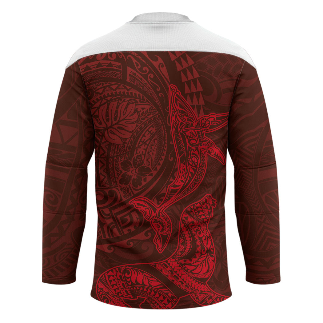 Hawaiian Monk Seal and Whale Hockey Jersey Kakau Tribal Pattern Red Color LT03 - Polynesian Pride
