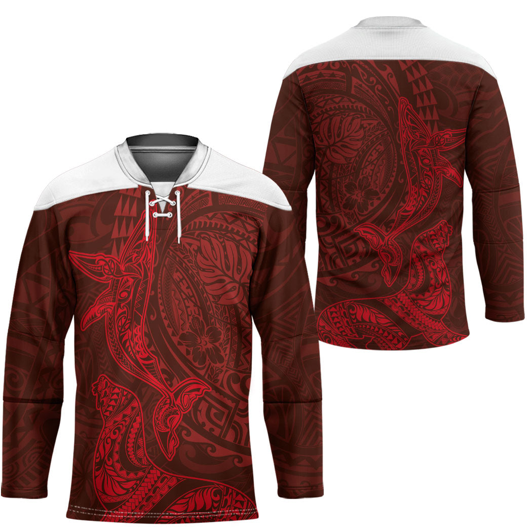 Hawaiian Monk Seal and Whale Hockey Jersey Kakau Tribal Pattern Red Color LT03 - Polynesian Pride