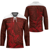 Hawaiian Monk Seal and Whale Hockey Jersey Kakau Tribal Pattern Red Color LT03 - Polynesian Pride