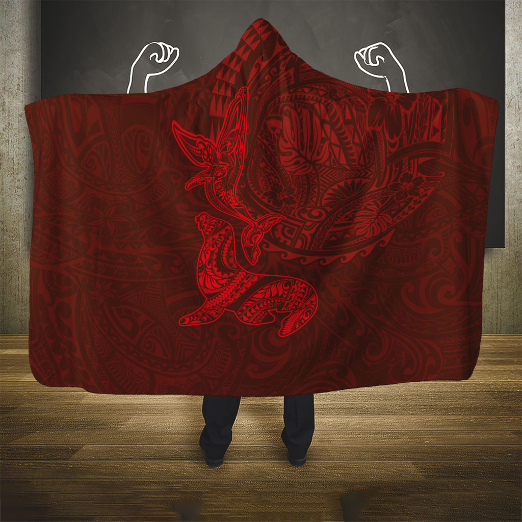 Hawaiian Monk Seal and Whale Hooded Blanket Kakau Tribal Pattern Red Color LT03 - Polynesian Pride