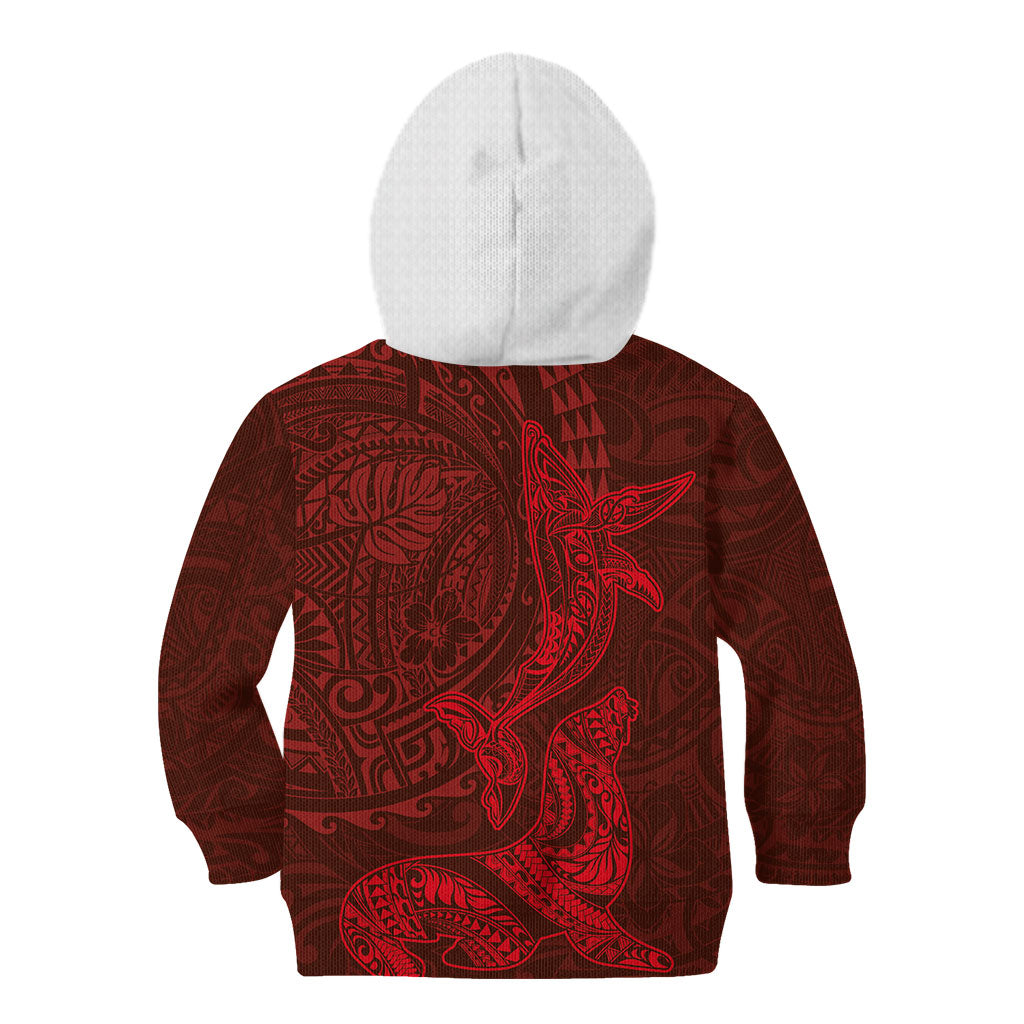 Hawaiian Monk Seal and Whale Kid Hoodie Kakau Tribal Pattern Red Color LT03 - Polynesian Pride