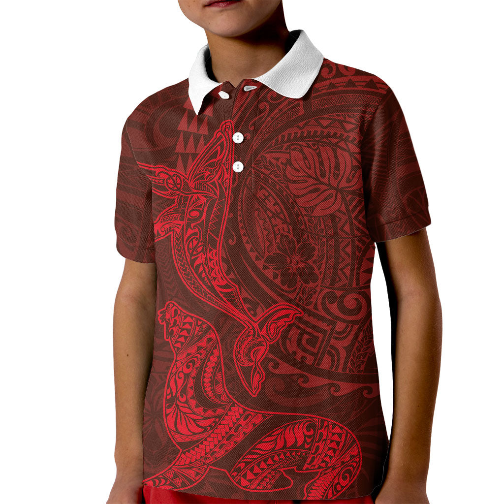 Hawaiian Monk Seal and Whale Kid Polo Shirt Kakau Tribal Pattern Red Color LT03 Kid Red - Polynesian Pride