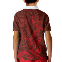Hawaiian Monk Seal and Whale Kid Polo Shirt Kakau Tribal Pattern Red Color LT03 - Polynesian Pride