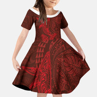 Hawaiian Monk Seal and Whale Kid Short Sleeve Dress Kakau Tribal Pattern Red Color LT03 KID Red - Polynesian Pride