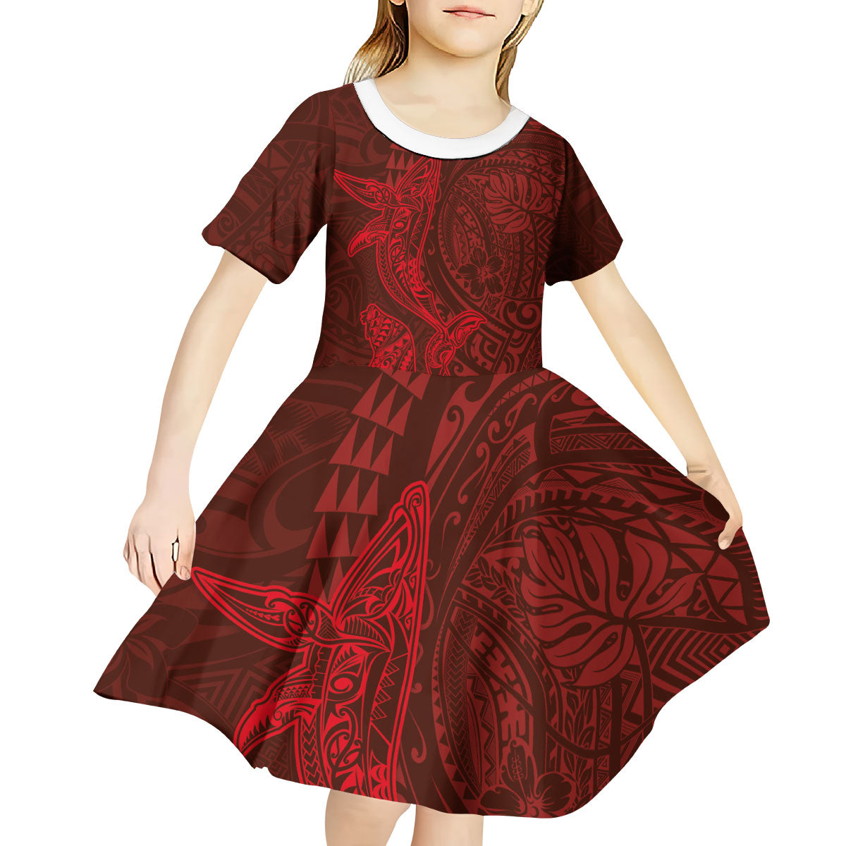 Hawaiian Monk Seal and Whale Kid Short Sleeve Dress Kakau Tribal Pattern Red Color LT03 - Polynesian Pride