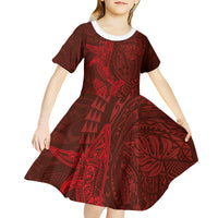Hawaiian Monk Seal and Whale Kid Short Sleeve Dress Kakau Tribal Pattern Red Color LT03 - Polynesian Pride