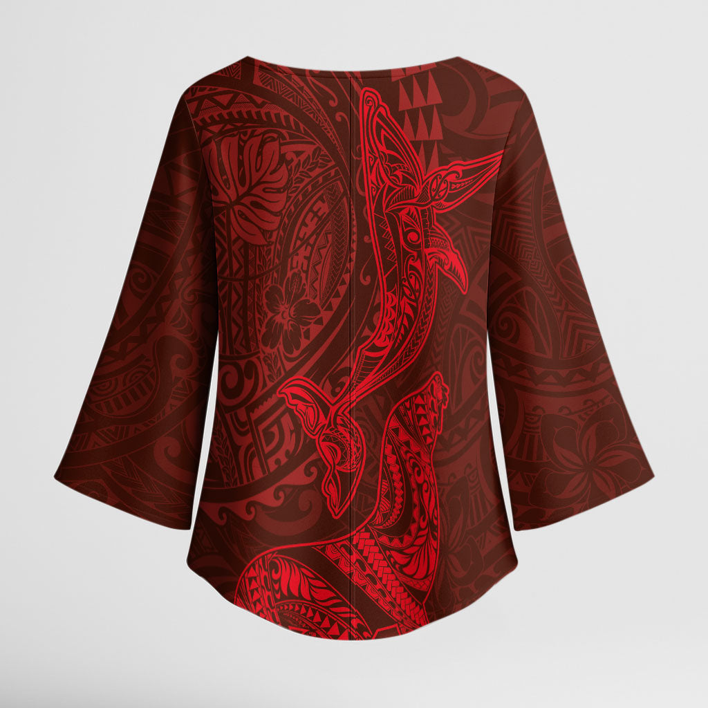Hawaiian Monk Seal and Whale Kimono Sleeve Blouse Kakau Tribal Pattern Red Color LT03 - Polynesian Pride