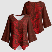 Hawaiian Monk Seal and Whale Kimono Sleeve Blouse Kakau Tribal Pattern Red Color LT03 - Polynesian Pride