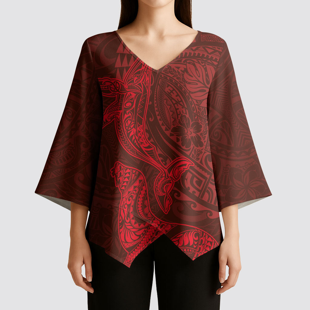 Hawaiian Monk Seal and Whale Kimono Sleeve Blouse Kakau Tribal Pattern Red Color LT03 - Polynesian Pride