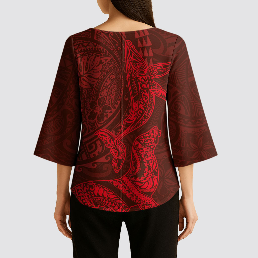 Hawaiian Monk Seal and Whale Kimono Sleeve Blouse Kakau Tribal Pattern Red Color LT03 - Polynesian Pride