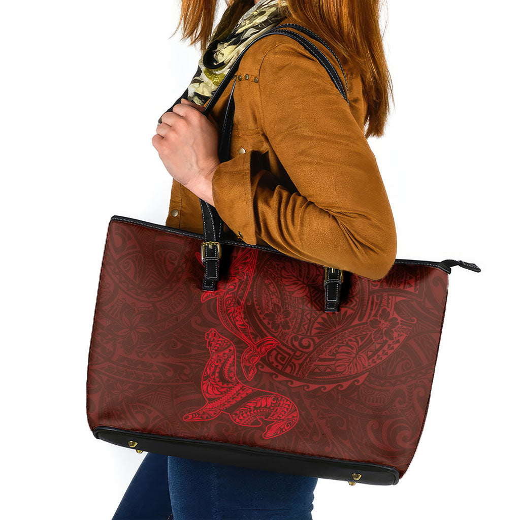 Hawaiian Monk Seal and Whale Leather Tote Bag Kakau Tribal Pattern Red Color LT03 Red - Polynesian Pride