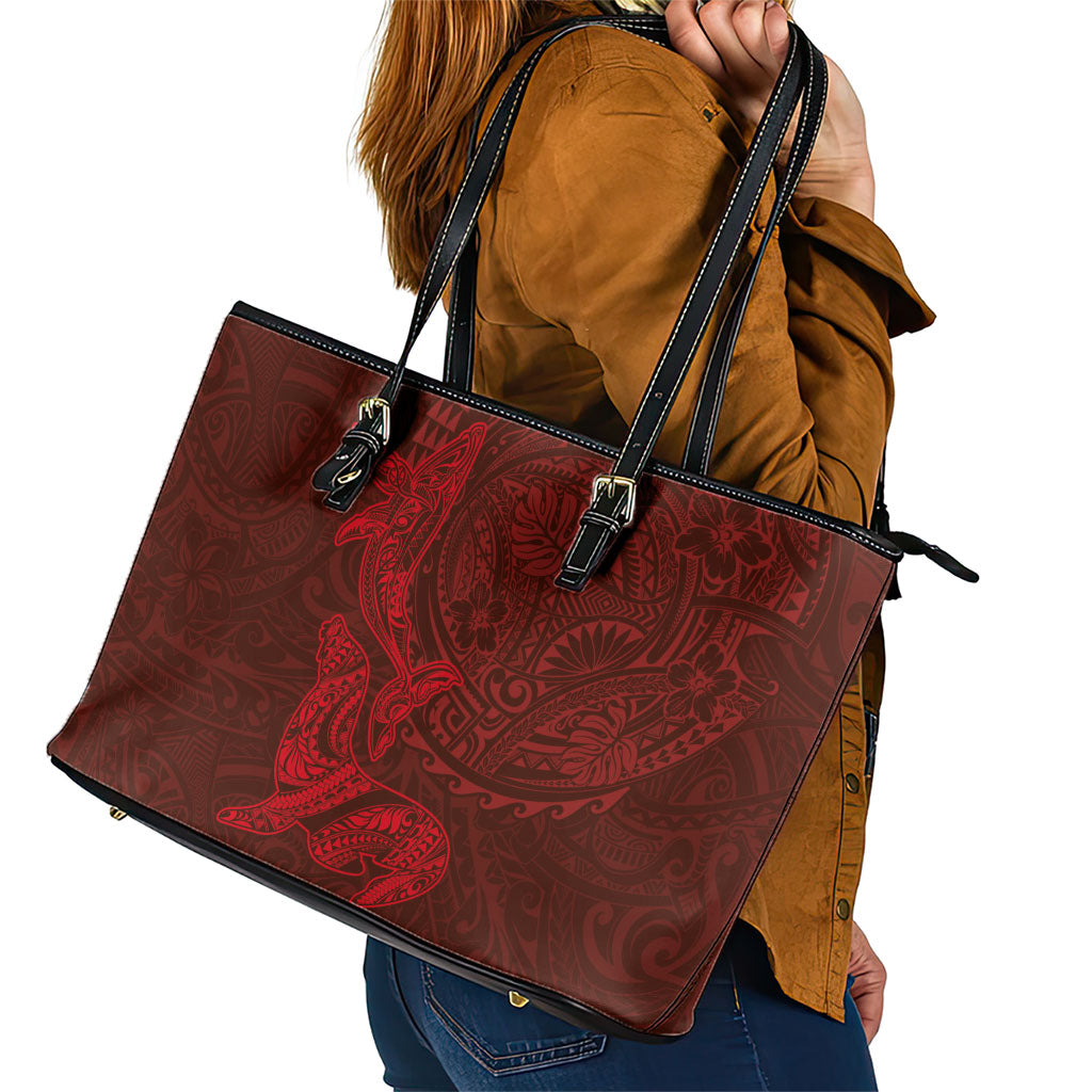 Hawaiian Monk Seal and Whale Leather Tote Bag Kakau Tribal Pattern Red Color LT03 - Polynesian Pride