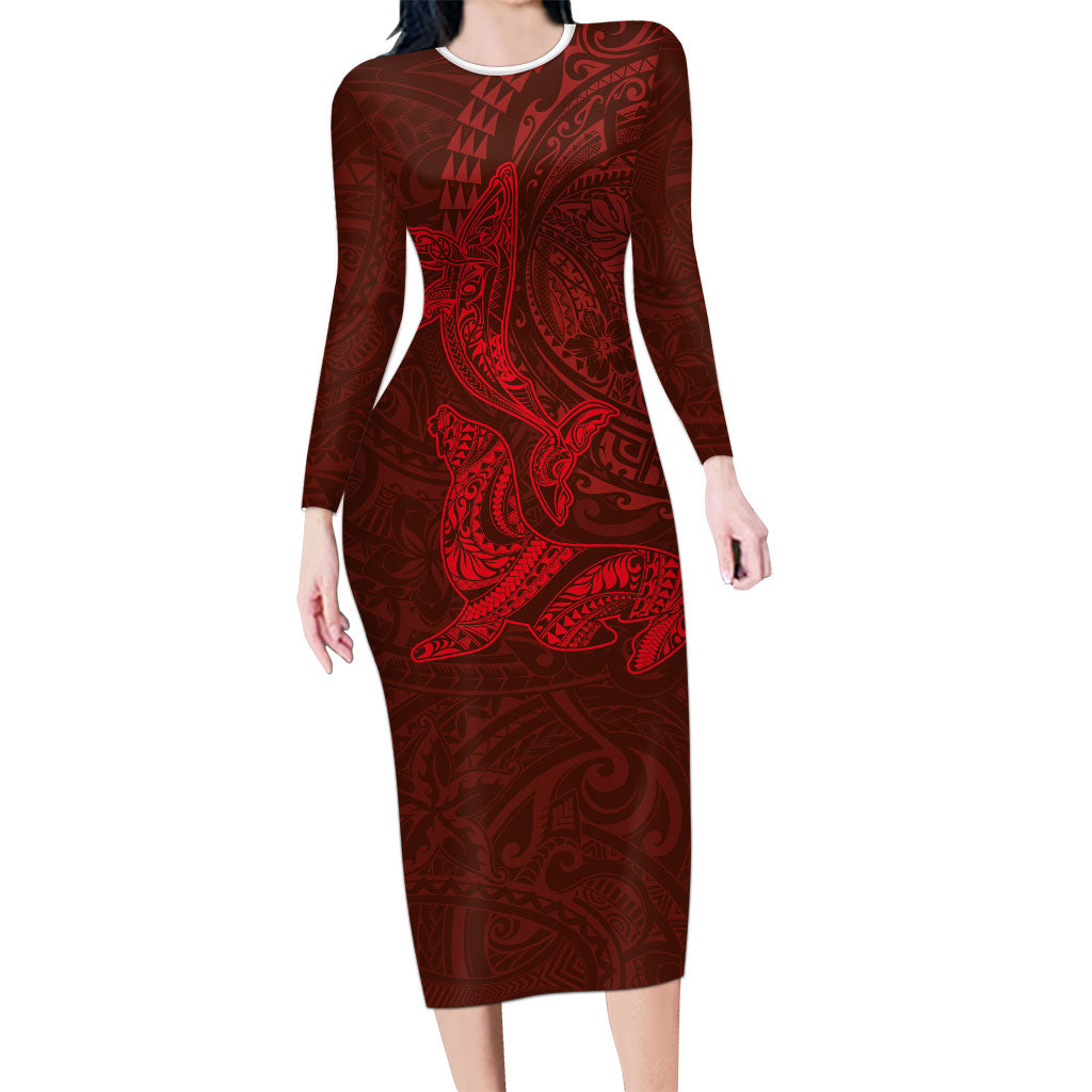 Hawaiian Monk Seal and Whale Long Sleeve Bodycon Dress Kakau Tribal Pattern Red Color