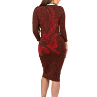 Hawaiian Monk Seal and Whale Long Sleeve Bodycon Dress Kakau Tribal Pattern Red Color