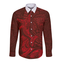 Hawaiian Monk Seal and Whale Long Sleeve Button Shirt Kakau Tribal Pattern Red Color LT03 Unisex Red - Polynesian Pride