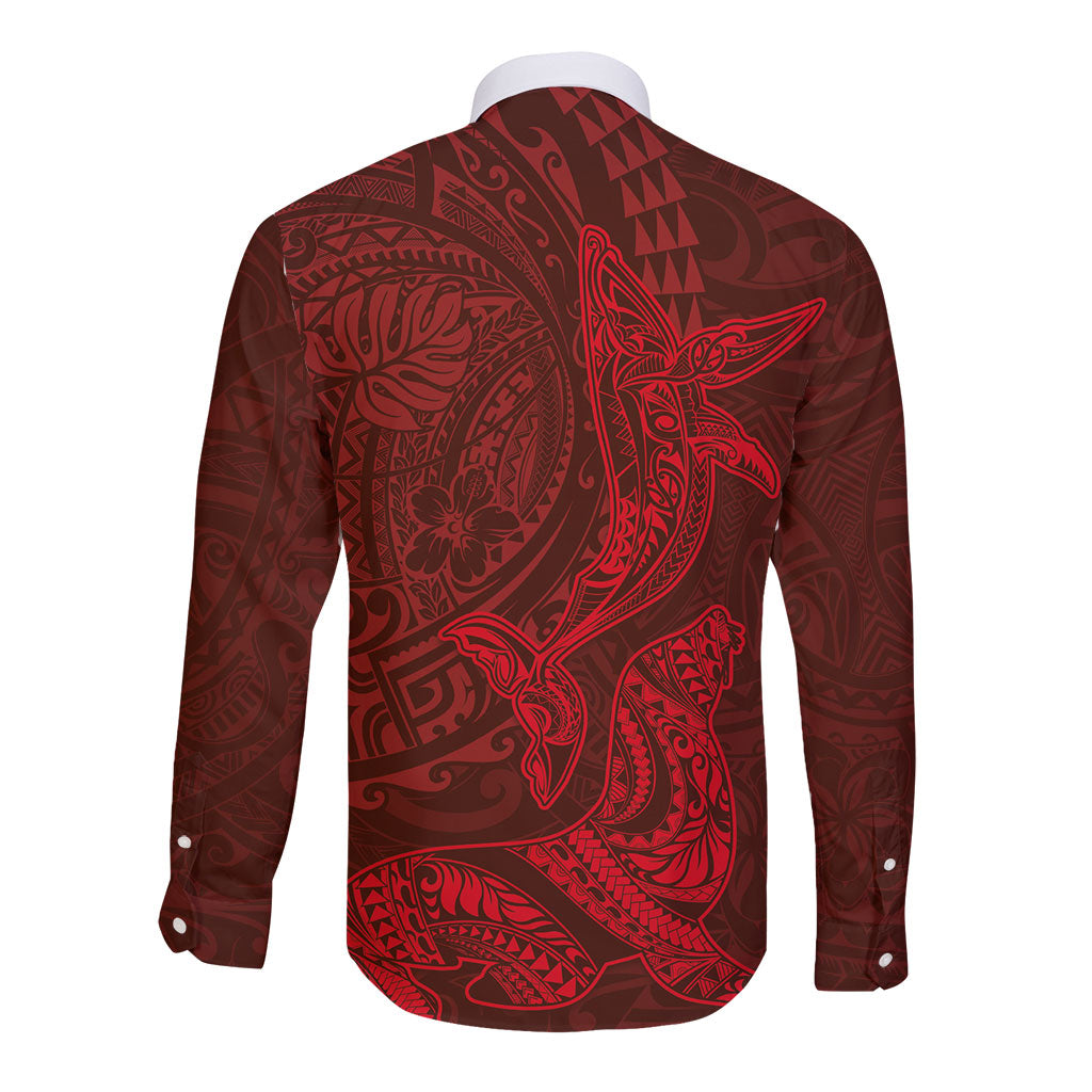 Hawaiian Monk Seal and Whale Long Sleeve Button Shirt Kakau Tribal Pattern Red Color LT03 - Polynesian Pride