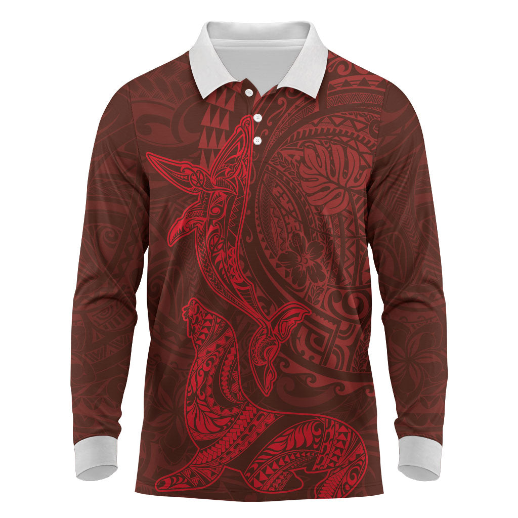 Hawaiian Monk Seal and Whale Long Sleeve Polo Shirt Kakau Tribal Pattern Red Color LT03 Red - Polynesian Pride