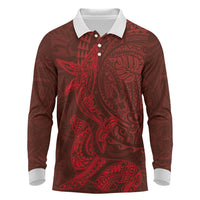 Hawaiian Monk Seal and Whale Long Sleeve Polo Shirt Kakau Tribal Pattern Red Color