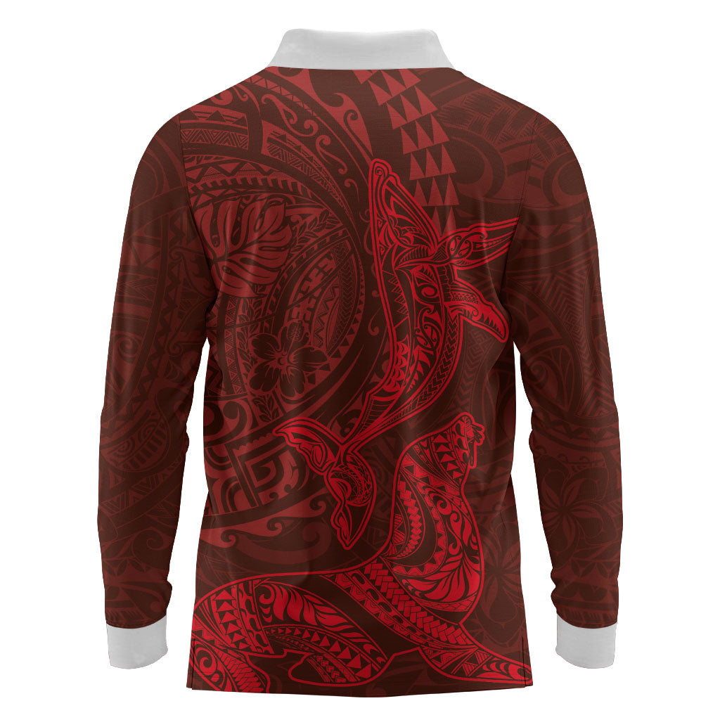 Hawaiian Monk Seal and Whale Long Sleeve Polo Shirt Kakau Tribal Pattern Red Color