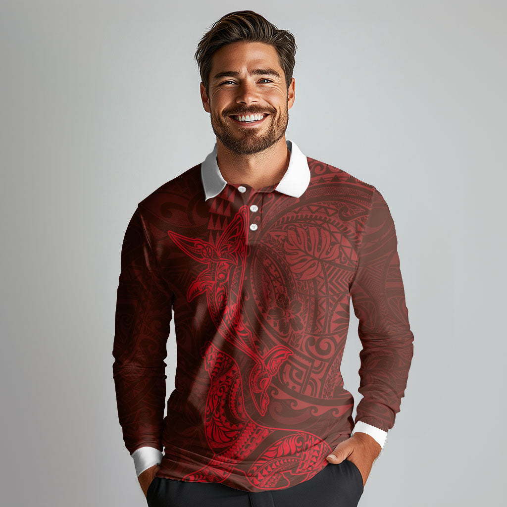 Hawaiian Monk Seal and Whale Long Sleeve Polo Shirt Kakau Tribal Pattern Red Color