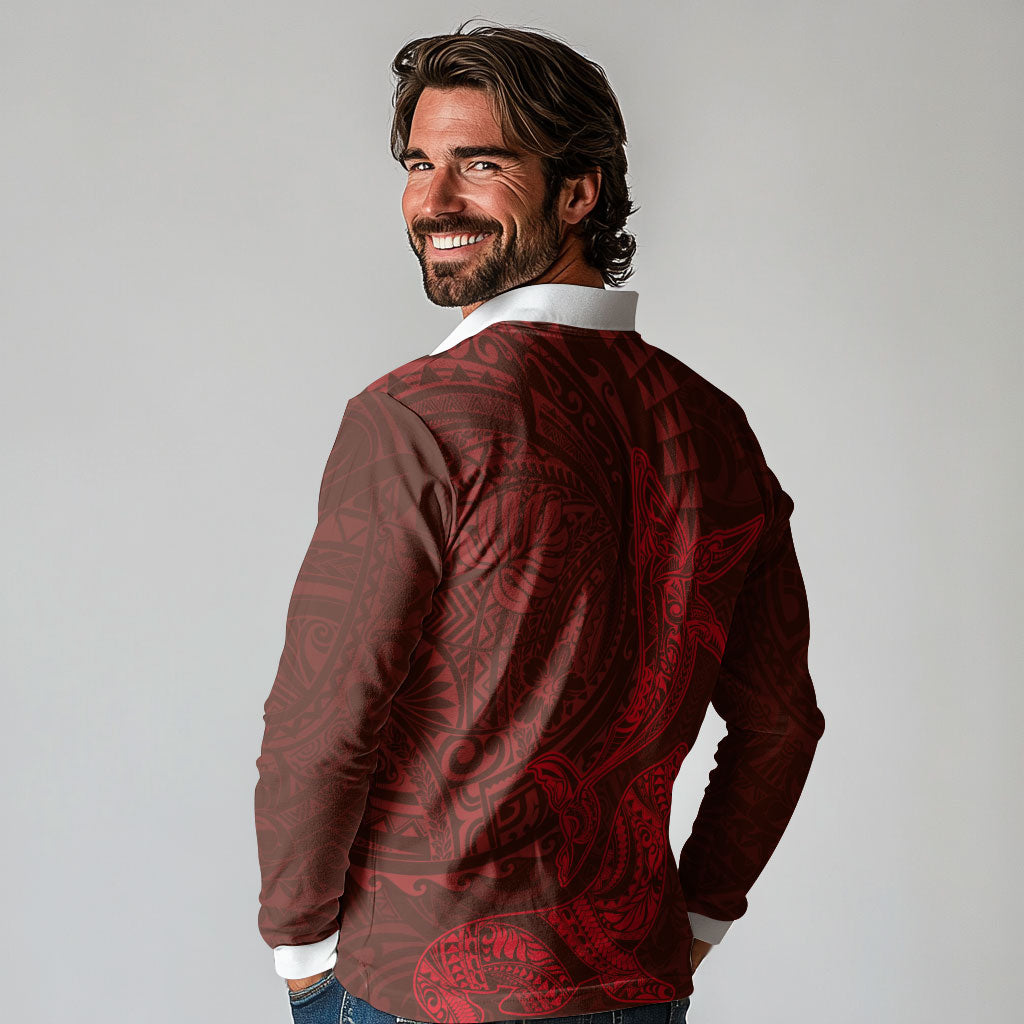 Hawaiian Monk Seal and Whale Long Sleeve Polo Shirt Kakau Tribal Pattern Red Color