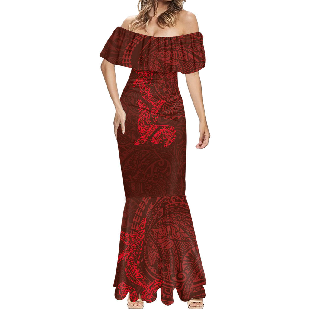 Hawaiian Monk Seal and Whale Mermaid Dress Kakau Tribal Pattern Red Color LT03 - Polynesian Pride