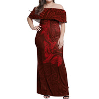 Hawaiian Monk Seal and Whale Off Shoulder Maxi Dress Kakau Tribal Pattern Red Color