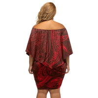 Hawaiian Monk Seal and Whale Off Shoulder Short Dress Kakau Tribal Pattern Red Color LT03 - Polynesian Pride