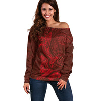 Hawaiian Monk Seal and Whale Off Shoulder Sweater Kakau Tribal Pattern Red Color LT03 Women Red - Polynesian Pride