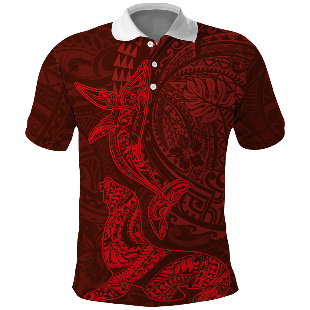 Hawaiian Monk Seal and Whale Polo Shirt Kakau Tribal Pattern Red Color LT03 Red - Polynesian Pride