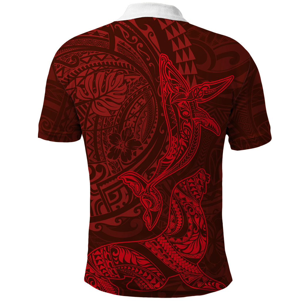 Hawaiian Monk Seal and Whale Polo Shirt Kakau Tribal Pattern Red Color LT03 - Polynesian Pride
