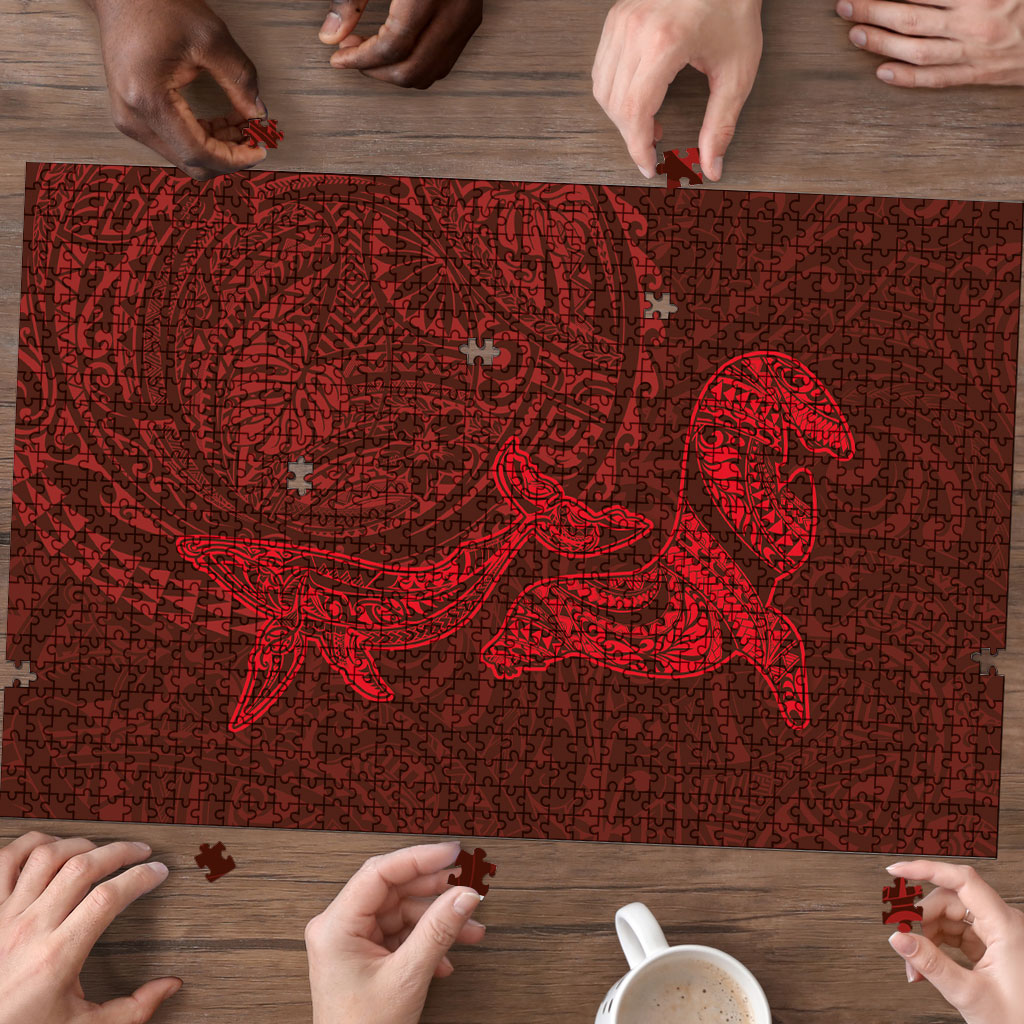 Hawaiian Monk Seal and Whale Puzzle Kakau Tribal Pattern Red Color LT03 - Polynesian Pride