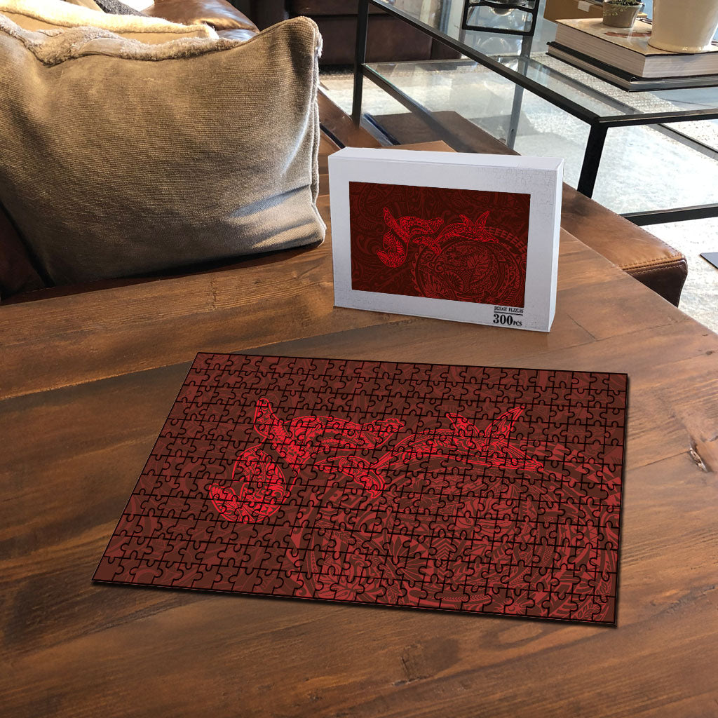 Hawaiian Monk Seal and Whale Puzzle Kakau Tribal Pattern Red Color LT03 - Polynesian Pride